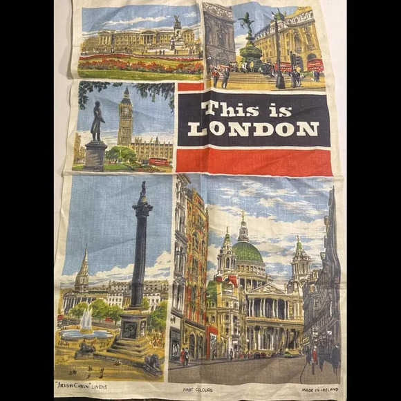 VINTAGE THIS IS LONDON IRISH CABIN LINEN TEA TOWEL SOUVENIR IRELAND - Picture 1 of 11